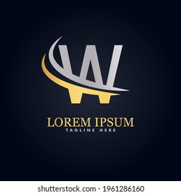 alphabet capital logo. Creative design concept golden and silver color with swoosh, for initial business identity letter W