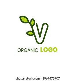 alphabet capital logo. Creative design concept green color with organic plant, logo for initial business identity letter V