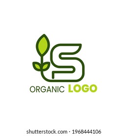 alphabet capital logo. Creative design concept green color with organic plant, logo for initial business identity letter S