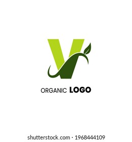 alphabet capital logo. Creative design concept green color with organic plant, logo for initial business identity letter V