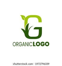 alphabet capital logo. Creative design concept green color with organic plant, logo for initial business identity letter G