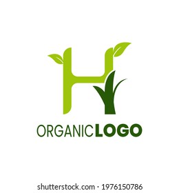 alphabet capital logo. Creative design concept green color with organic plant, logo for initial business identity letter H