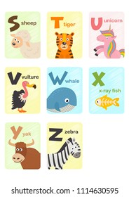 alphabet card with animals S to Z - vector illustration, eps