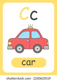 Alphabet card for children with the letter C and with a car. Educational card for kids. The word car, the English alphabet. Vector illustration.