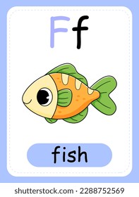 Tarjeta alfabética para niños con la letra F y el pescado azul. Tarjeta educativa para niños. La palabra pez, el alfabeto inglés. Ilustración vectorial.