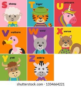 alphabet card with cute animals S to Z - vector illustration, eps