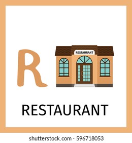 Alphabet card for kids with restaurant building. Letter R card vector illustration