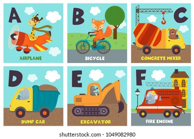 alphabet card with transport and animals A to F - vector illustration, eps
