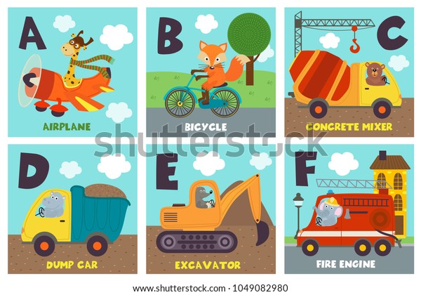 alphabet card with transport and animals A to F -\
vector illustration,\
eps\
