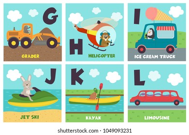 alphabet card with transport and animals G to L - vector illustration, eps