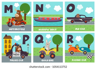 alphabet card with transport and animals M to R - vector illustration, eps