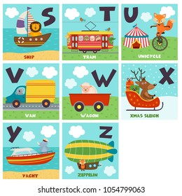 alphabet card with transport and animals S to Z - vector illustration, eps- vector illustration, eps
