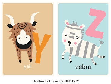 Alphabet cards for kids. Educational preschool learning ABC with animals yak, zebra and letters Y, Z. Vector illustration.