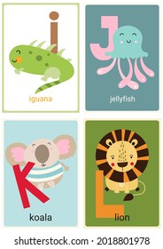 Alphabet cards for kids. Educational preschool learning ABC with animals iguana, jellyfish, koala, lion and letters I, J, K, L. Vector illustration.