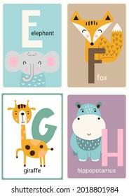 Alphabet cards for kids. Educational preschool learning ABC with animals elephant, fox, giraffe, hippopotamus and letters E, F, G, H. Vector illustration.