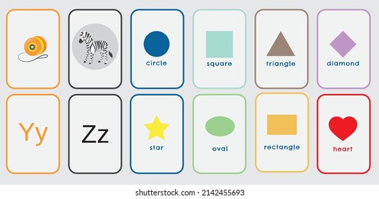 Alphabet cards for kids. Educational for preschool learning ABC card with picture and letter vector illustration set. There are yoyo, zebra and some shapes in cute set.