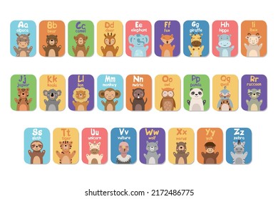 Alphabet cards for kids. Educational preschool learning ABC card with animal and letter cartoon vector illustration set. Flashcards with cute characters and english words placed in alphabetical order.