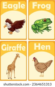 Alphabet cards for kids. Educational preschool learning ABC card with animal and letter cartoon. E to H. Vector illustration