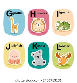 Alphabet cards for kids. Educational preschool learning ABC card with animal and letter cartoon vector illustration set. Flashcards with cute characters and english words.