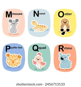 Alphabet cards for kids. Educational preschool learning ABC card with animal and letter cartoon vector illustration set. Flashcards with cute characters and english words.