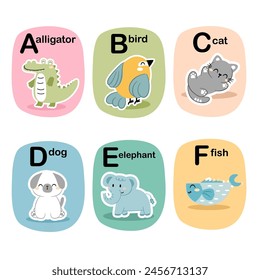 Alphabet cards for kids. Educational preschool learning ABC card with animal and letter cartoon vector illustration set. Flashcards with cute characters and english words.
