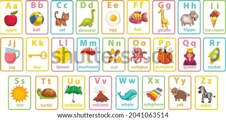 Alphabet cards for kids. Educational preschool learning ABC card with animal and letter cartoon vector illustration set. Flashcards with cute characters and english words placed in alphabetical order.