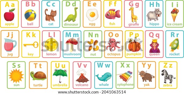Alphabet cards for kids. Educational preschool\
learning ABC card with animal and letter cartoon vector\
illustration set. Flashcards with cute characters and english words\
placed in alphabetical\
order.