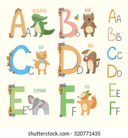  alphabet with  cartoon animals. cute vector zoo. alligator, bear, cat, dog, elephant, fox