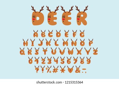 Alphabet cartoon design, deer style. Letters, numbers and punctuation marks. Font vector typography. EPS 10