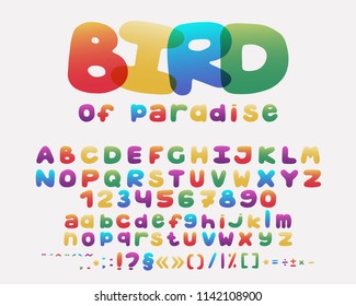 Alphabet cartoon design. Rainbow style. Uppercase and lowercase letters, numbers and punctuation marks. Font vector typography. Hand drawn. EPS10