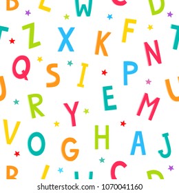 Alphabet cartoon seamless pattern with stars isolated on white. Vector background used for magazine, textile, paper, web pages and scrapbooking.