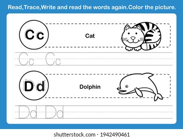 Alphabet C-D Exercise With Cartoon Vocabulary For Coloring Book Illustration, Vector