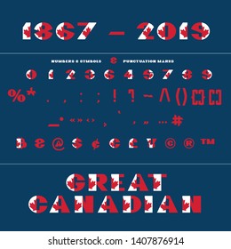 Alphabet for celebration design 1 th july in National canada flag style font on dark blue background with text Great Canadian. Vector illustration. Canada independence day.