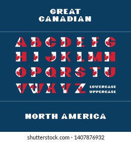 Alphabet for celebration design 1 th july in National canada flag style font on dark blue background with text Great Canadian. Vector illustration. Canada independence day.