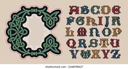 Alfabeto con nudos celtas, líneas espirales y puntos rojos. Inmenso color medieval inicial. Iconos perfectos para la identidad antigua, impresión de la Edad Media, afiches bárbaros y monogramas heráldicos.