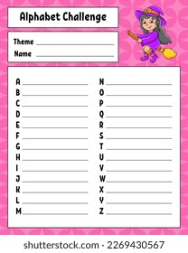 Alphabet challenge. Educational activity worksheet for kids and toddlers. Game for children. Vector illustration.