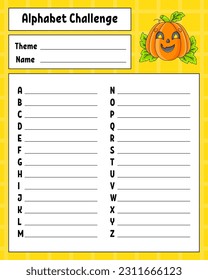 Alphabet challenge. Educational activity worksheet for kids and toddlers. Game for children. Vector illustration.