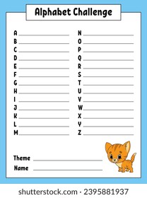 Alphabet challenge. Educational activity worksheet for kids and toddlers. Game for children. Vector illustration.