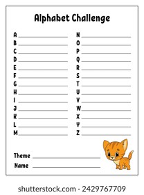 Alphabet challenge. Educational activity worksheet for kids and toddlers. Game for children. Vector illustration.