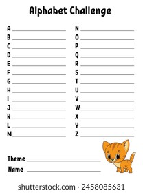 Alphabet challenge. Educational activity worksheet for kids and toddlers. Game for children. Vector illustration.