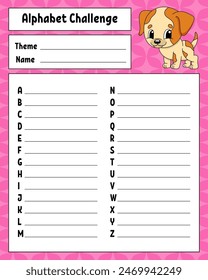 Alphabet challenge. Educational activity worksheet for kids and toddlers. Game for children. Vector illustration.