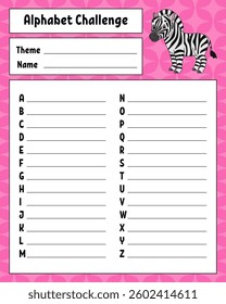 Alphabet challenge. Educational activity worksheet for kids and toddlers. Game for children. Vector illustration.