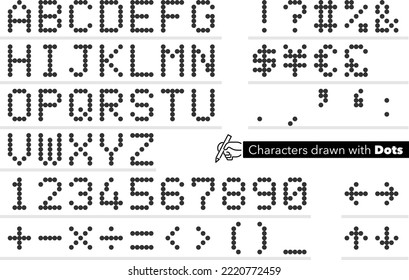 Alphabet characters and numbers formed with black dots