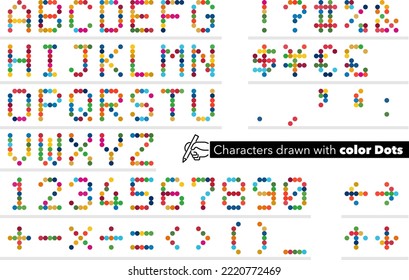 Alphabet characters and numbers formed with colorful dots