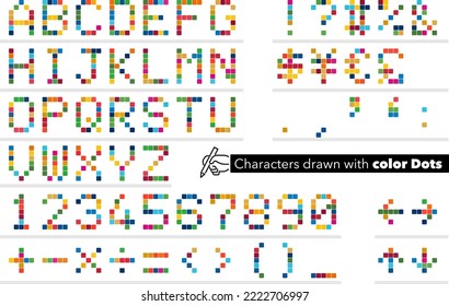 Alphabet characters and numbers formed with colorful dots