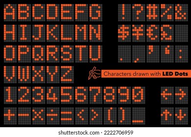 Alphabete Zeichen und Zahlen gebildet mit roten leuchtenden Punkten. Entwurf der elektronischen Bulletin-Tafel