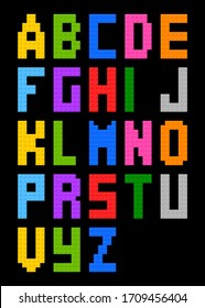 alphabet characters pixel art style. colourful and black background plastic building bricks block toy.