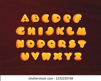 Alphabet characters set with cute orange letters on woon background. Cartoon ABC carved from juicy slices of citrus with small highlights. Winter drinks (fruit tea, mulled wine) font.