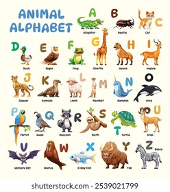 Alphabet chart featuring animals like eagle, frog, and raccoon for A to Z. Vector cartoon illustration