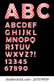 Alphabet in checked design, uppercase and lowercase letters in black and white design, numbers, question and exclamation mark